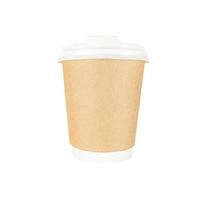braune Bastelpapier-Kaffeetasse, zum lokalisiert auf weißem Hintergrund zu gehen foto