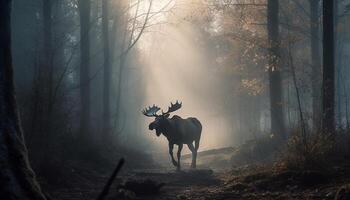 gehörnt Hirsch Gehen durch nebelig Wald generiert durch ai foto