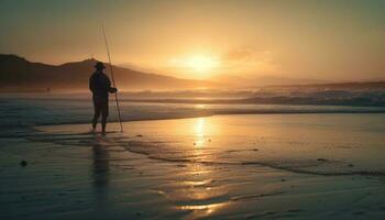 Silhouette von Fischer Stehen auf Küste Angeln generiert durch ai foto