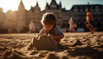 lächelnd kaukasisch Familie spielen im das Sand generiert durch ai foto