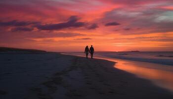 Silhouette von Paar Gehen auf Strand beim Sonnenuntergang generiert durch ai foto