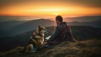 Männer und Hund Umarmung im Natur Schönheit generiert durch ai foto