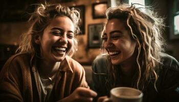 zwei jung Frauen Sitzung, Lachen, genießen Kaffee zusammen generiert durch ai foto