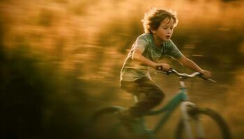 süß Jungs Radfahren im Natur, genießen Sommer- Spaß generiert durch ai foto