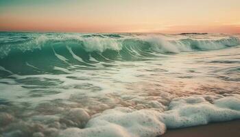 Sonnenuntergang Surfen planschen auf still Küste Schönheit generiert durch ai foto