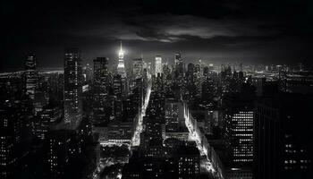 schwarz und Weiß Stadt Horizont beleuchtet beim Dämmerung generiert durch ai foto