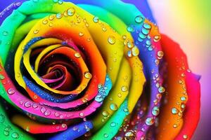 ai generiert ein mehrfarbig Rose mit Wasser Tröpfchen auf Es, ein Bild durch gabriel Dawe, pixabay, Farbe Feld, gemacht von Blumen, beschwingt Farben, lebendig Farben foto