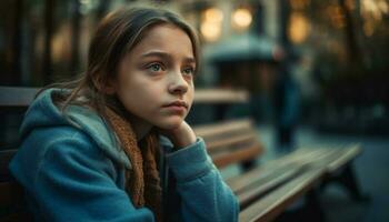 einsam Mädchen Sitzung auf Bank im Herbst, Nachdenken ihr Traurigkeit generiert durch ai foto