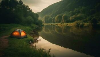 Abenteuer wartet im still Wald, Camping durch Betrachtung Teich generiert durch ai foto