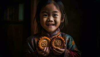 süß Mädchen halten Kekse, lächelnd mit Freude, feiern Winter Süße generiert durch ai foto