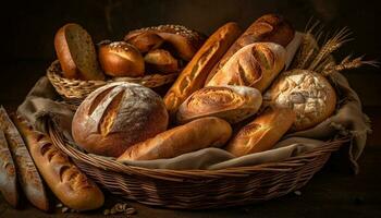 rustikal Französisch Brot Sammlung organisch, ganze Weizen, und hausgemacht Variationen generiert durch ai foto