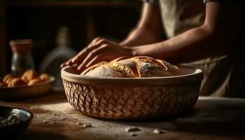 frisch gebacken ganze Weizen Brot im rustikal hölzern Korb drinnen generiert durch ai foto