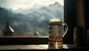 ein schaumig trinken im ein Bier Glas auf ein hölzern Tabelle generiert durch ai foto