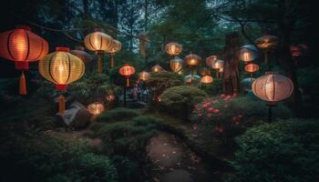 Chinesisch Papier Laternen erleuchten Wald, feiern traditionell Kultur draußen generiert durch ai foto