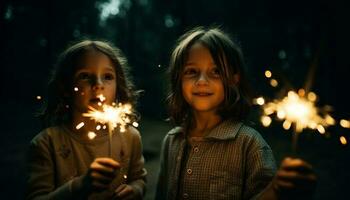 zwei heiter Mädchen spielen mit Feuer, feiern vierte von Juli generiert durch ai foto