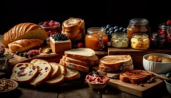 ein Gourmet Mittagessen mit frisch brot, Fleisch, und Obst Variation generiert durch ai foto