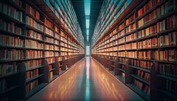 ein modern Bibliothek mit ein groß Sammlung von Lehrbücher im ein Reihe generiert durch ai foto