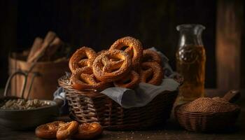 ein Gourmet Mahlzeit auf ein rustikal Tisch, schließen oben von Frische generiert durch ai foto