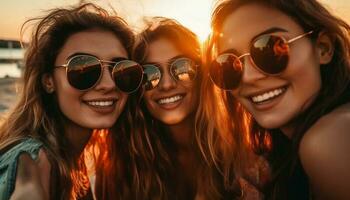 ein Gruppe von sorglos jung Frauen genießen Sommer- Urlaube draußen generiert durch ai foto