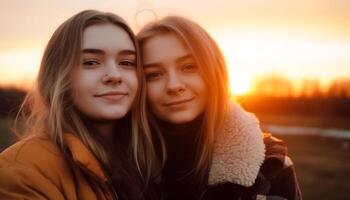 zwei heiter Frauen umarmen, genießen Sonnenuntergang, Schönheit im Natur generiert durch ai foto