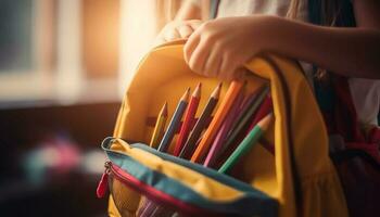 ein kreativ Mädchen hält ein Bleistift, Lernen drinnen beim Schule generiert durch ai foto