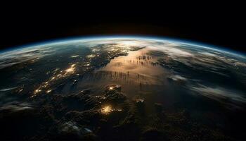Sonnenuntergang Über Afrika, glühend Kugel im das Stratosphäre, beleuchtet Welt Karte generiert durch ai foto