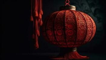 aufwendig Chinesisch Laterne leuchtet im dunkel, symbolisieren Spiritualität und Tradition generiert durch ai foto