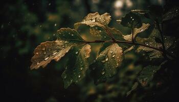 Herbst Regentropfen auf Grün Blatt, ein beschwingt Schönheit im Natur generiert durch ai foto