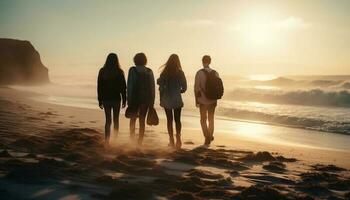 ein Gruppe von freunde Gehen auf das Strand beim Sonnenuntergang generiert durch ai foto