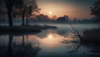 Silhouette von Baum zurück zündete durch Sonnenuntergang Über still Teich generiert durch ai foto