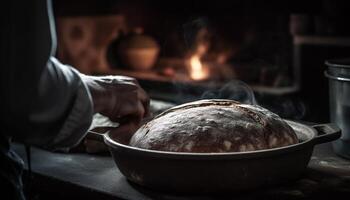 Handwerker Hand kneten organisch Weizen Teig zum hausgemacht Brot generiert durch ai foto