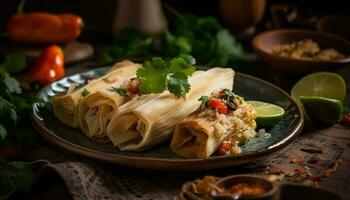 ein Gourmet Mexikaner Burrito Schüssel mit gegrillt Rindfleisch und Gemüse generiert durch ai foto