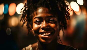 afrikanisch amerikanisch Frau mit lockig Haar lächelnd im beleuchtet Stadt Nachtleben generiert durch ai foto