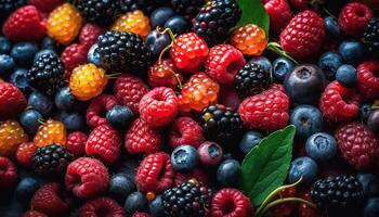 saftig Beere Haufen, ein bunt Sommer- Dessert zum gesund Essen generiert durch ai foto