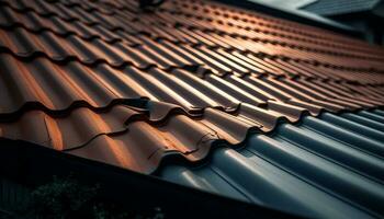 Metall Dach Fliesen im ein Reihe erstellen ein gestreift Muster generiert durch ai foto