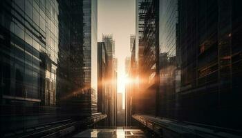 futuristisch Wolkenkratzer leuchtet Stadt Horizont beim Nacht, verschwinden Punkt Perspektive generiert durch ai foto