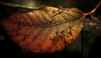 beschwingt Herbst Blatt Vene Muster auf Gelb Ahorn Baum Ast generiert durch ai foto