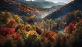 beschwingt Herbst Landschaft multi farbig Bäume, Nebel, und Berg Spitzen generiert durch ai foto