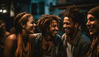 ein sorglos Gruppe von jung Erwachsene genießen Nachtleben und Zusammengehörigkeit generiert durch ai foto