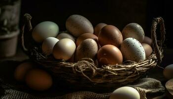 rustikal Korb von organisch Eier, ein Symbol von Frühling Feier generiert durch ai foto