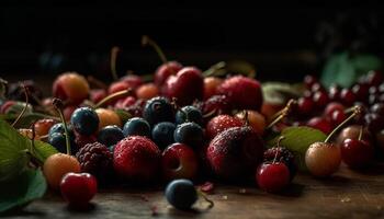 saftig Beere Früchte auf rustikal Holz Platte, ein gesund Snack generiert durch ai foto