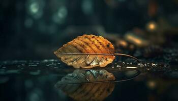 golden Herbst Blätter fallen auf nass Teich, Natur abstrakt Schönheit generiert durch ai foto