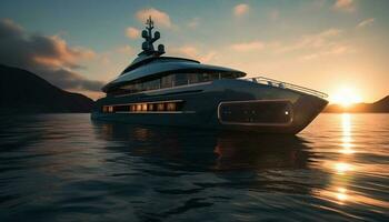 Luxus Yacht Segel in das still Sonnenuntergang Über das Wasser generiert durch ai foto