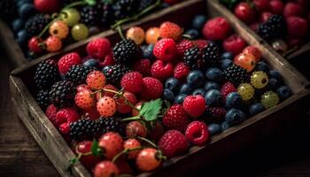 ein rustikal Kiste von multi farbig Beeren, ein gesund Sommer- Snack generiert durch ai foto