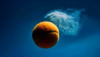 schweben Blau Tennis Ball symbolisiert Erfolg im wettbewerbsfähig Sport generiert durch ai foto