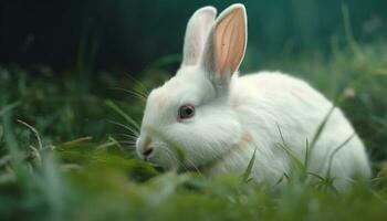 flauschige Baby Hase sitzt auf Grün Gras, Essen friedlich draußen generiert durch ai foto