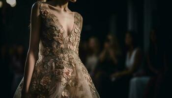 elegant Braut Vitrinen modern Textil- Sammlung auf Mode Show Bühne generiert durch ai foto