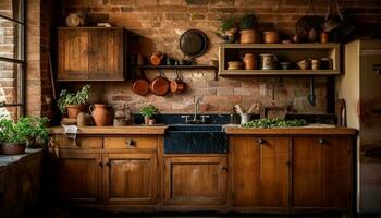 rustikal Küche Design mit modern Eleganz und natürlich Einfachheit drinnen generiert durch ai foto