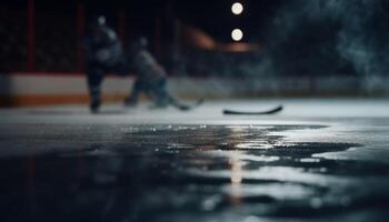 Männer konkurrieren im Eis Eishockey auf ein gefroren Stadt Eisbahn generiert durch ai foto