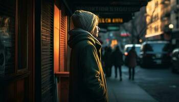einsam Geschäftsmann Stehen im Stadtbild, suchen zum Entspannung draußen generiert durch ai foto